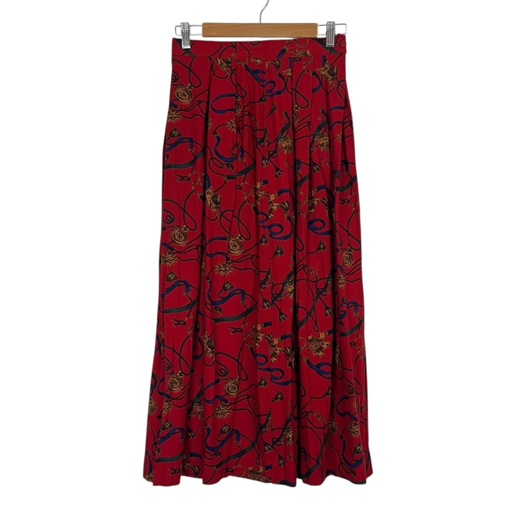 Vintage Alexander Campbell Pleated Midi Skirt Red Western Rope Print Size 8